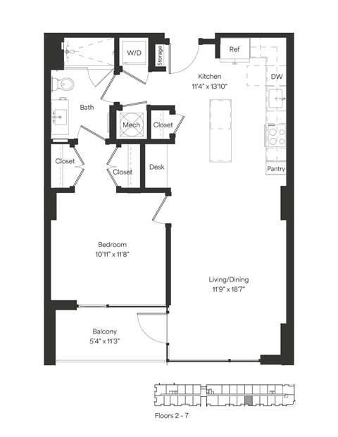 Floor plan for 1 bed, 1 bath, 741 sqft